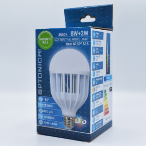 Bec led 8W + bec anti-insecte 2W - 10W (80W), E27, 800 lm, lumina neutra (4500K), opal, Optonica