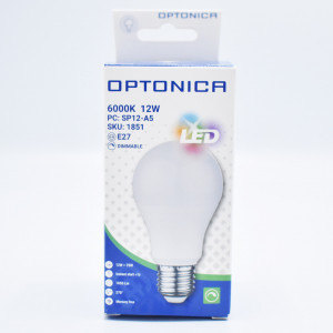 Bec LED dimabil 12W (75W), E27, A60, 1055 lm, lumina rece (6000K), opal, Optonica