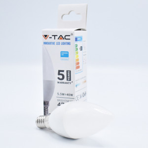 Bec led lumanare 5.5W (40W) chip Samsung, E14, C37, 470 lm, lumina rece (6400K), opal, V-TAC