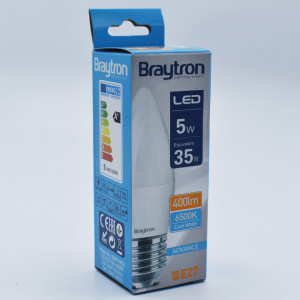 Bec led lumanare 5W (35W), E27, C37, 400lm, lumina rece (6500K), opal, Braytron