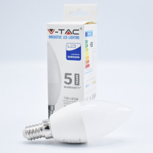 Bec LED lumanare 7W (45W) cip Samsung, E14, 600 lm, lumina calda (3000K), opal, V-TAC