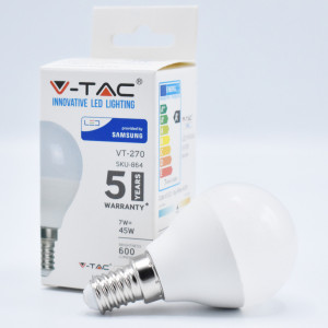 Bec LED sferic 7w (45W) cip Samsung, E14, P45, 600 lm, lumina neutra (4000K), opal, V-TAC