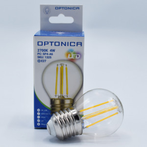 Bec led sferic Vintage filament 4W (27W), E27, G45, 400lm, dimabil, lumina calda (2700K), clar, Optonica