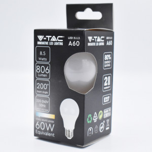 Becuri, Bec LED V-TAC, E27, 8.5W(60W), 806 lm, lumina rece (6500K), opal, clasa energetica F - savelectro.ro