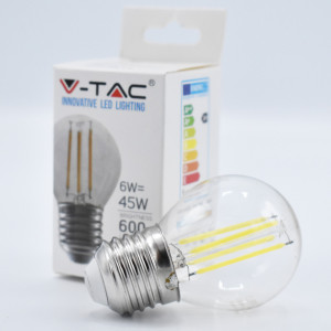 Bec LED Vintage filament sferic 6W (45W), E27, G45, 600 lm, lumina rece (6400K), V-TAC