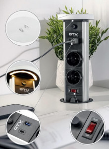 Priza incorporabila turn, 2 prize schuko, USB A+C, incarcare Wireless 10 W, lumina de veghe, cablu 1.5 m, alba, GTV [6]- savelectro.ro