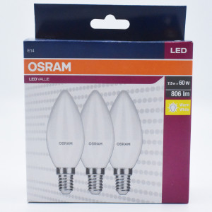 Set 3 becuri LED 7.5W (60W), E14, 806 lm, A+, lumina calda (2700K), Osram