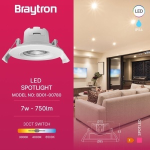 Spot LED incastrat 7W, lumina calda/neutra/rece, IP54, 750 lm, alb, Braytron [3]- savelectro.ro