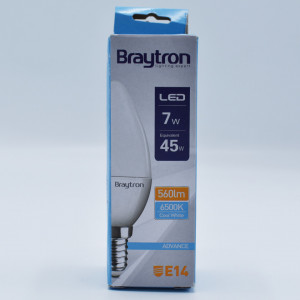 Bec led lumanare 7W (45W), E14, C37, 460lm, lumina rece (6500K), opal, Braytron
