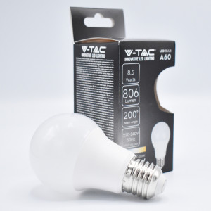 Bec LED 8.5W (60W), E27, A60, 806 lm, lumina rece (6500K), opal, V-TAC