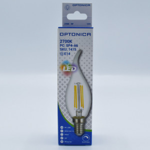 Bec led flacara Vintage filament 4W (27W), E14, C35T, 400lm, dimabil, lumina calda (2700K), clar, Optonica 