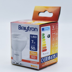Becuri LED GU10, Bec LED GU10 Braytron, 7W(50W), 290 lm, lumina rosie, semitransparent, clasa energetica G - savelectro.ro