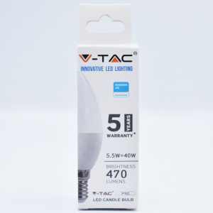 Bec led lumanare 5.5W (40W) chip Samsung, E14, C37, 470 lm, lumina rece (6400K), opal, V-TAC
