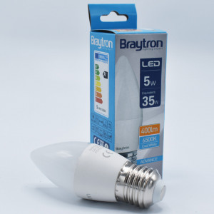 Bec led lumanare 5W (35W), E27, C37, 400lm, lumina rece (6500K), opal, Braytron