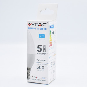 Bec LED lumanare 7W (45W) cip Samsung, E14, C37, 600 lm, lumina rece (6400K), opal, V-TAC