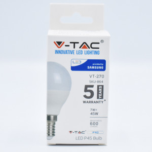 Bec LED sferic 7w (45W) cip Samsung, E14, P45, 600 lm, lumina neutra (4000K), opal, V-TAC