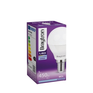 Bec LED sferic Braytron, P45, E14, 5W(40W), 450 lm, lumina neutra (4000K), clasa energetica F [3]- savelectro.ro