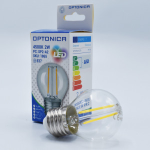Bec led sferic Vintage filament 2W (17W), E27, G45, 250lm, lumina neutra (4500K), clar, Optonica