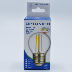 Bec led sferic Vintage filament 4W (27W), E27, G45, 400lm, dimabil, lumina calda (2700K), clar, Optonica