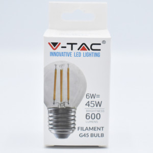 Bec LED Vintage filament sferic 6W (45W), E27, G45, 600 lm, lumina rece (6400K), V-TAC