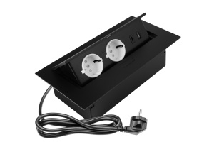 Prize incorporabile blat, Priza incastrabila dreptunghiulara, 2 prize scuko + 2 USB A+C 3A, cablu 1.5m, neagra, prize albe, GTV - savelectro.ro