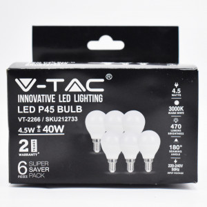 Set 6 becuri LED 4.5W (40W), E14, P45, 470 lm, lumina calda (3000K), opal, V-TAC
