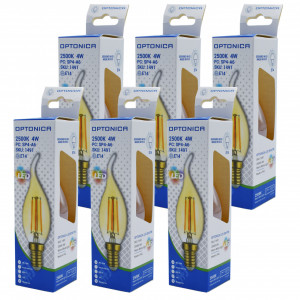 Becuri LED E14, Set 6 becuri LED flacara Vintage filament 4W(35W) Optonica, E14, 400 lm, lumina calda (2500K), auriu, clasa energetica F - savelectro.ro