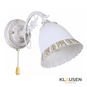 Aplica Merida, 1 bec, dulie E27, cu intrerupator, alba, aurie, metal, sticla, lemn, Klausen [1]- savelectro.ro