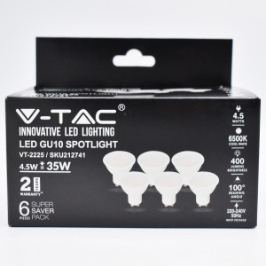 Set 6 becuri LED GU10 4.5W (35W), 400 lm, 100 grade, lumina rece (6500K), V-TAC