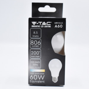 Bec LED 8.5W (60W), E27, A60, 806 lm, lumina rece (6500K), opal, V-TAC
