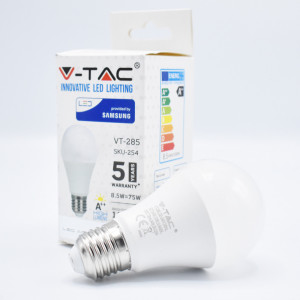 Bec LED chip Samsung, 8.5W (75W), E27, A60, 1055 lm, lumina rece (6400K), opal V-TAC