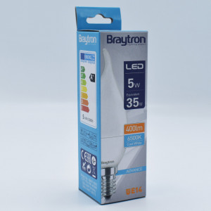 Bec led flacara 5W (35W), E14, C37T, 400lm, lumina rece (6500K), opal, Braytron