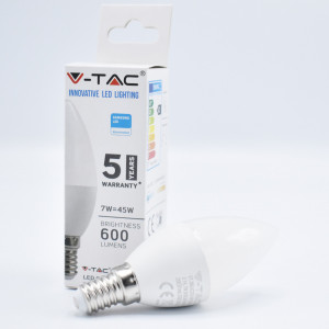Bec LED lumanare 7W (45W) cip Samsung, E14, C37, 600 lm, lumina rece (6400K), opal, V-TAC