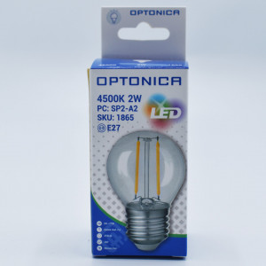 Bec led sferic Vintage filament 2W (17W), E27, G45, 250lm, lumina neutra (4500K), clar, Optonica