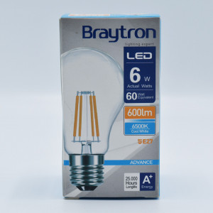 Bec led Vintage filament 6W (60W), E27, A60, 600lm, lumina rece (6500K), clar, Braytron