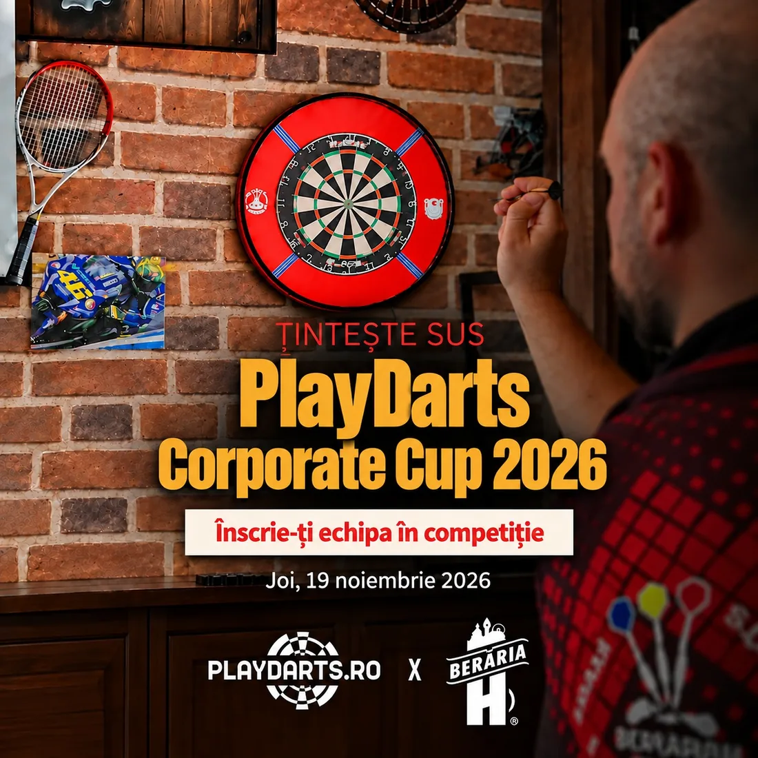 Țintește sus &ndash; PlayDarts Corporate Cup 2026. &Icirc;nscrie-ți echipa &icirc;n competiție. Joi, 19 noiembrie 2026. PlayDarts x Berăria H