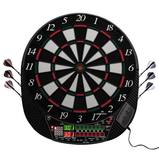 Tinta electronică de darts Mission G220 - vârf plastic profesional - până la 16 jucători - 28 de jocuri - inclusiv 4 seturi de săgeți