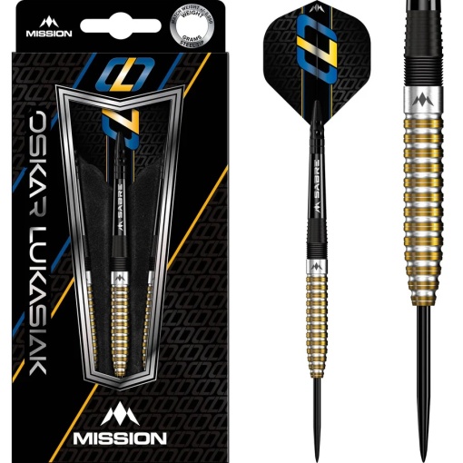 Set 3 Sageti Darts Mission Oskar Lukasiak - Varf de otel - 95% - PVD negru si auriu
