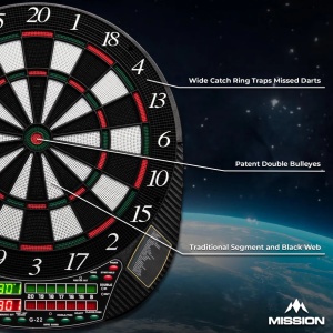 Tinta electronică de darts Mission G220 - vârf plastic profesional - până la 16 jucători - 28 de jocuri - inclusiv 4 seturi de săgeți - Img 2