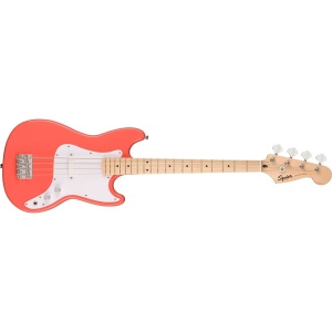 Squier Sonic Bronco Bass – Chitară Bas cu Griff din Arțar, Pickguard Alb, Finisaj Tahitian Coral - Img1
