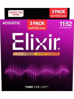 Set Elixir Nanoweb Acoustic 80/20 Bronze Custom Light 16564 (3-Pack)