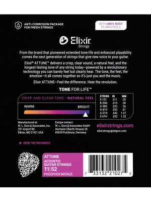 Elixir 21027 Attune Phosphor Bronze Acoustic Guitar Strings Custom Light 11-52 - Img2