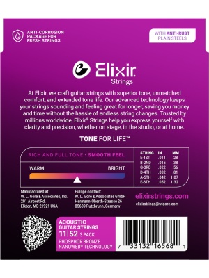 Set Elixir Nanoweb Acoustic Phosphor Bronze Custom Light 16568 (3-Pack) - Img2