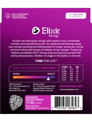 Set Elixir Nanoweb Acoustic 80/20 Bronze Custom Light 16564 (3-Pack) - Img2