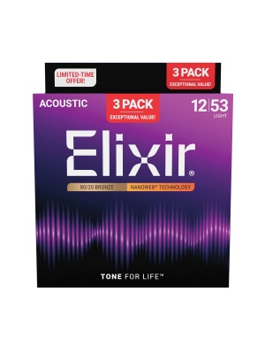 Set Elixir Nanoweb Acoustic 80/20 Bronze Custom Light 16565 (3-Pack)