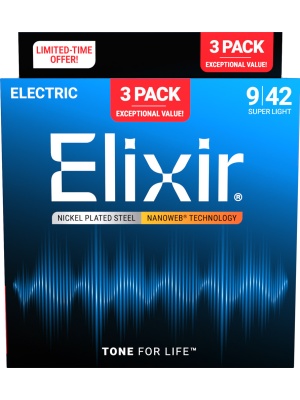 Set Elixir Nanoweb Electric Nickel Plated Steel Super Light 16566 (3-Pack)