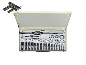 Trusa filiere si tarozi, de mana, Carbon Steel / HSS DIN EN22568, DIN 5157, BSP, in cutie de lemn