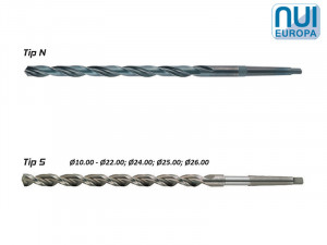 Burghiu elicoidal extralung coada conica, HSS rectificat / HSS rectificat acoperit Vap-Ox, Norma NUI, Tip N/S; L=600-700