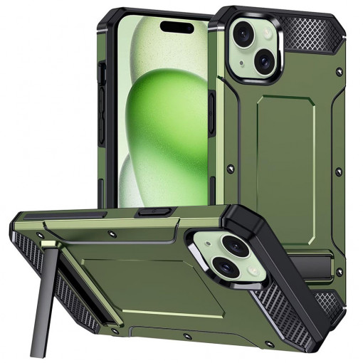 Husa Pentru iPhone 15, Bumper Hybrid Armor, Kickstand, Matrix, Verde