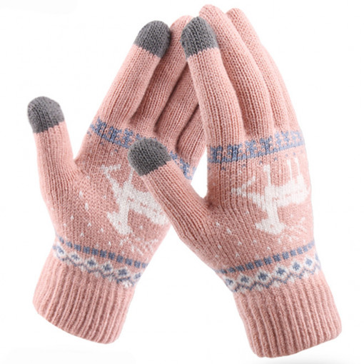 Manusi Iarna TouchScreen Raindeer Woolen Gloves, Light Roz
